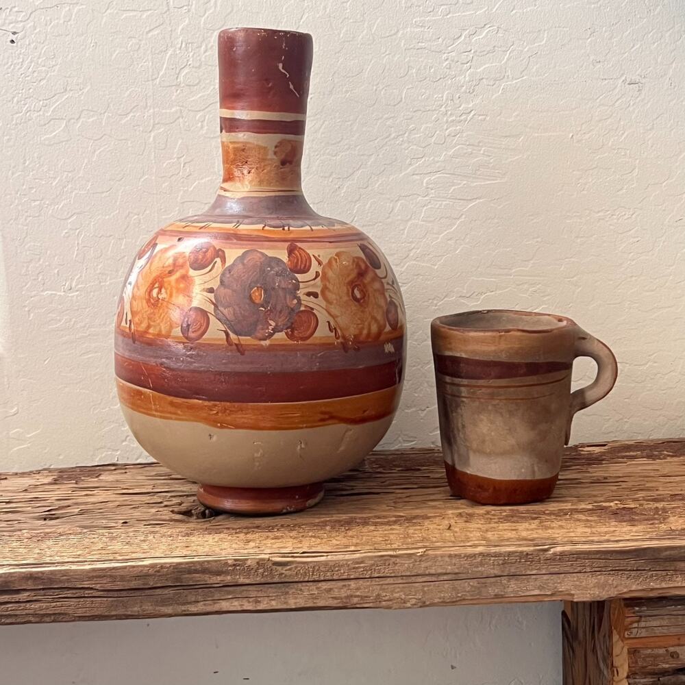 Mexican Water Jug and Mug Set Hand Painted Clay Vessel Tonala Folk Art